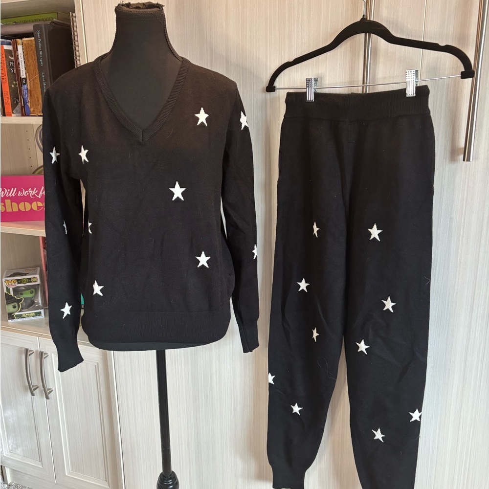 Pink Martini Black Knit Set with White Star Embroidery Size XS NWT